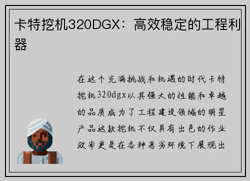 卡特挖机320DGX：高效稳定的工程利器